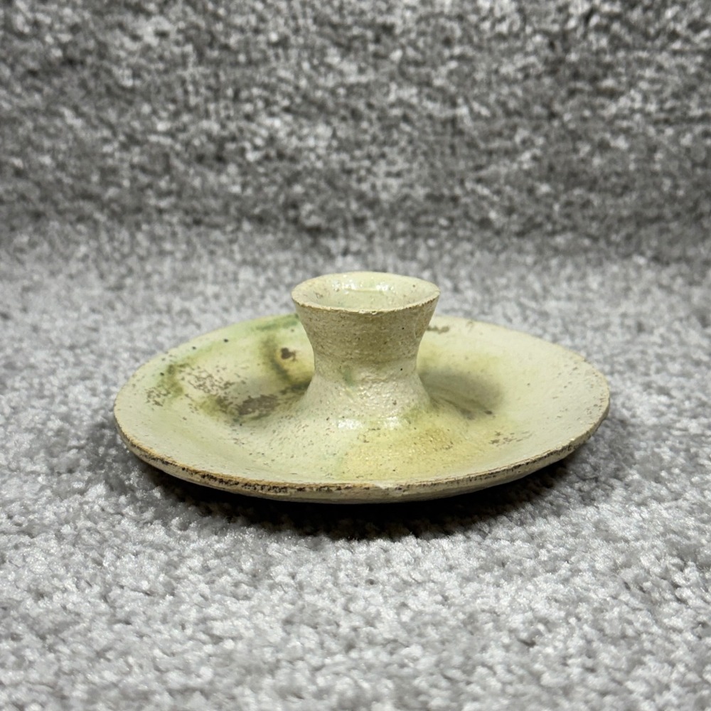 Handmade Clay Candlestick Holder Studio Pottery Rustic Patina Sage Green Small